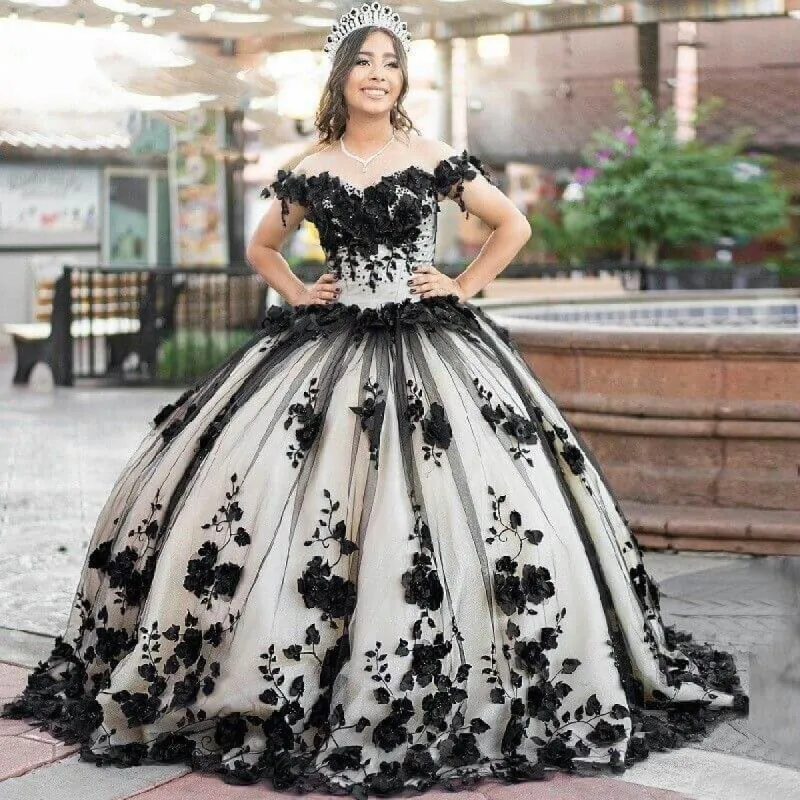 New 3D Flowers Lace Quicneanera Dress Black 2025 Sweet 16 Party Dress sold by My Chic Dress