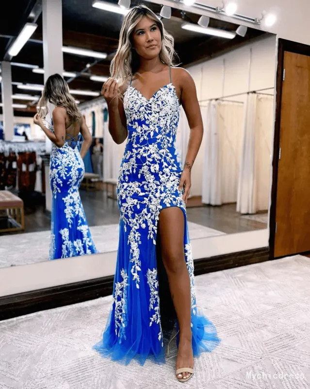 Mermaid Royal Blue Prom Dresses 2025 White Lace Applique with Spaghetti Straps sold by My Chic Dress