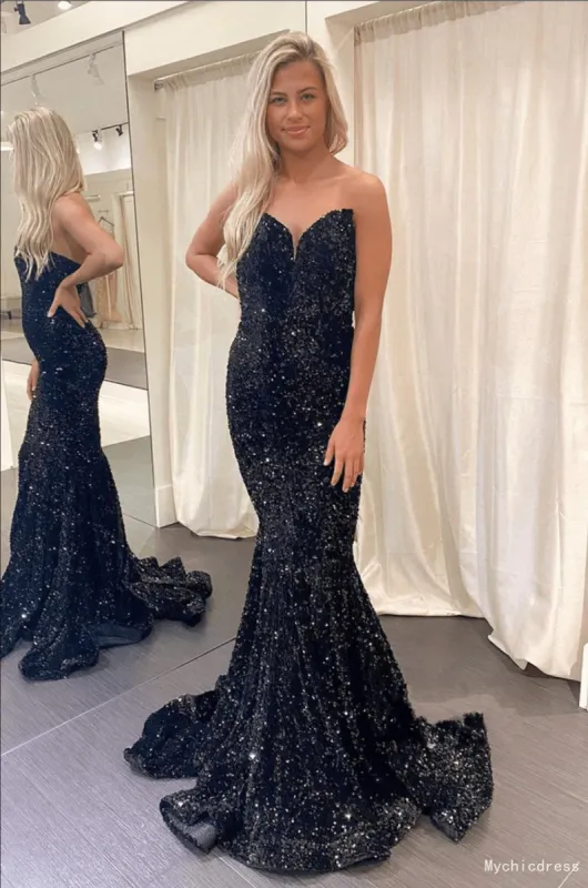 Floor Length Long Black Prom Dresses Sequin Mermaid Formal Dress sold by My Chic Dress