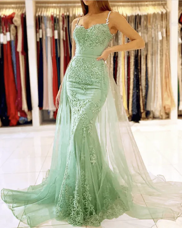 Floor Length Mermaid Sage Green Prom Dresses Lace Removable Train sold by My Chic Dress