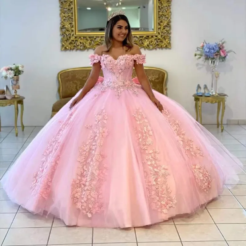 Off the Shoulder Lace Pink Quinceanera Dresses Applique Beaded Ball Gowns sold by My Chic Dress