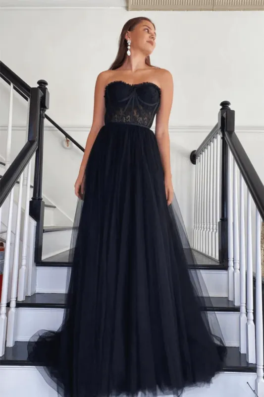 A Line Black Lace 2025 Prom Dress Tulle Strapless Long Formal Dresses UK sold by My Chic Dress