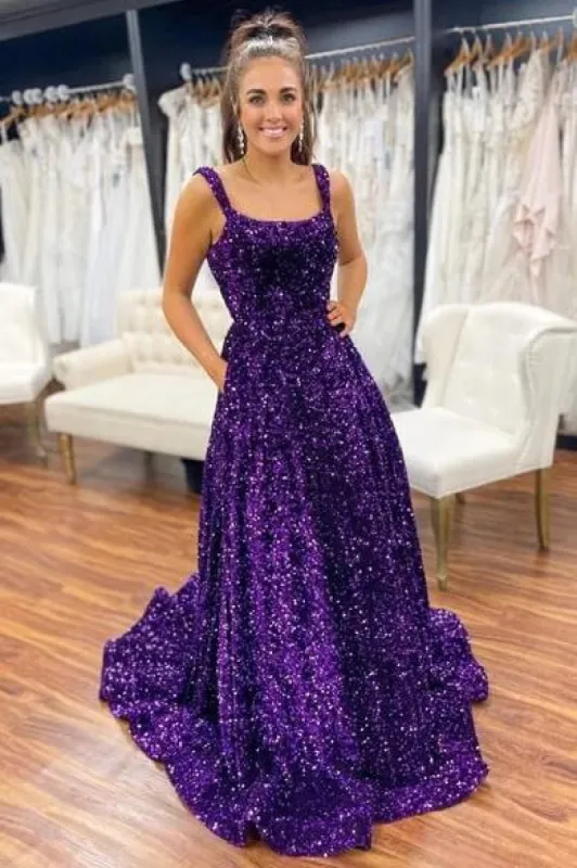 A-Line Purple Sequin Prom Dresses Square Neck Backless Long Formal Dresses sold by My Chic Dress