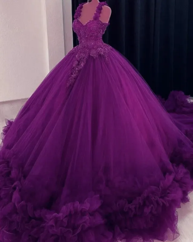 Sweetheart Dark Purple Lace Tulle Ball Gown Wedding Dresses Sleeveless sold by My Chic Dress