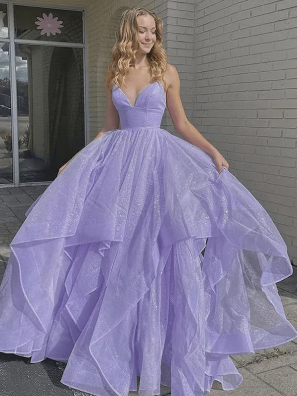 Shiny Princess Purple Prom Dresses Ruffles V-neck Sleeveless Formal Dresses sold by My Chic Dress