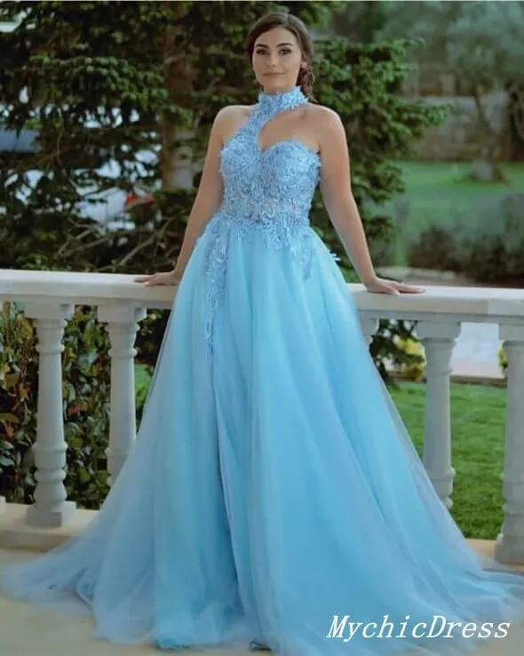 Unique Lace Halter Prom Dresses Blue Tulle Applique Formal Dresses sold by My Chic Dress