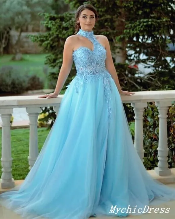 Unique Lace Halter Prom Dresses Blue Tulle Applique Formal Dresses sold by My Chic Dress product image thumbnail 2
