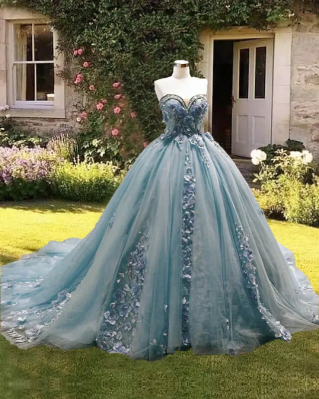 Gorgeous Sweetheart Blue Ball Gown Quinceanera Dress Strapless with 3D Flowers sold by My Chic Dress
