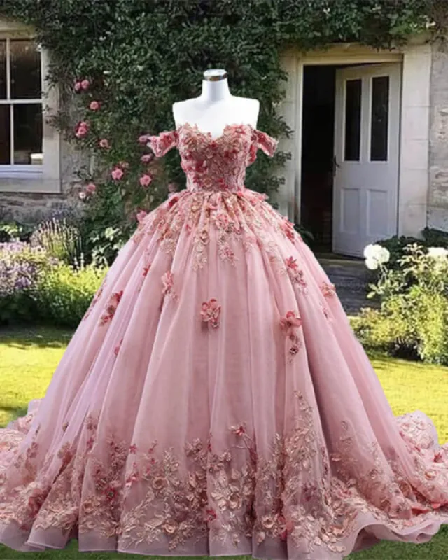 Off The Shoulder 3D Flowers Ball Gown Pink Quinceanera Dresses sold by My Chic Dress