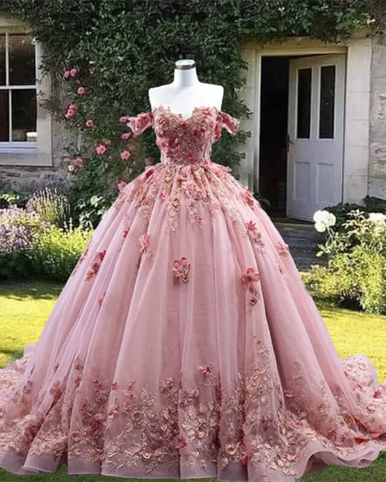 Off The Shoulder 3D Flowers Ball Gown Pink Quinceanera Dresses sold by My Chic Dress