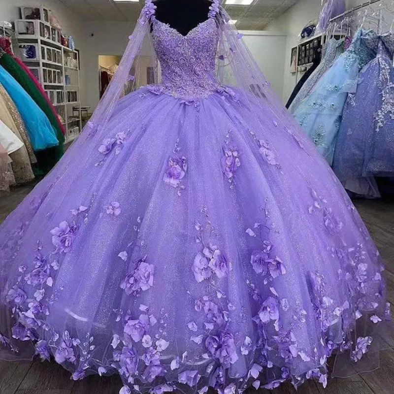 Ball Gown Quinceanera Dresses Purple With Cape 3D Flowers Tulle Sweetheart sold by My Chic Dress