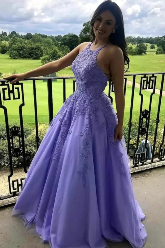 A Line Lace 2025 Lavender Prom Dresses Violet Long Halter Evening Dresses sold by My Chic Dress