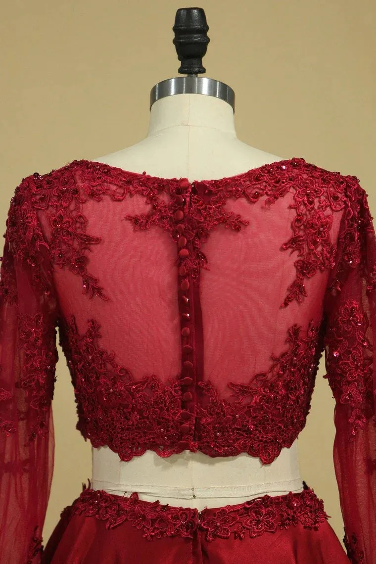 Cheap Burgundy Two-Piece Prom Dresses A Line Satin Lace Applique sold by My Chic Dress product image thumbnail 3
