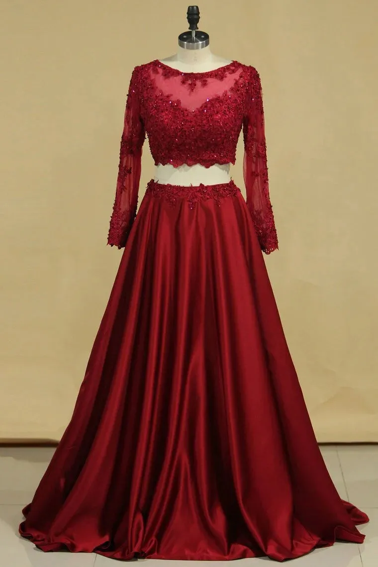Cheap Burgundy Two-Piece Prom Dresses A Line Satin Lace Applique sold by My Chic Dress