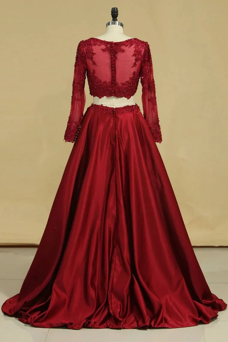 Cheap Burgundy Two-Piece Prom Dresses A Line Satin Lace Applique sold by My Chic Dress product image thumbnail 2