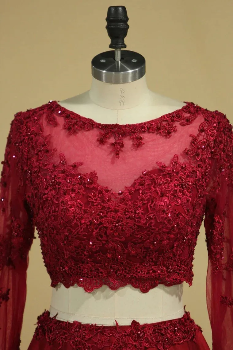 Cheap Burgundy Two-Piece Prom Dresses A Line Satin Lace Applique sold by My Chic Dress product image thumbnail 4