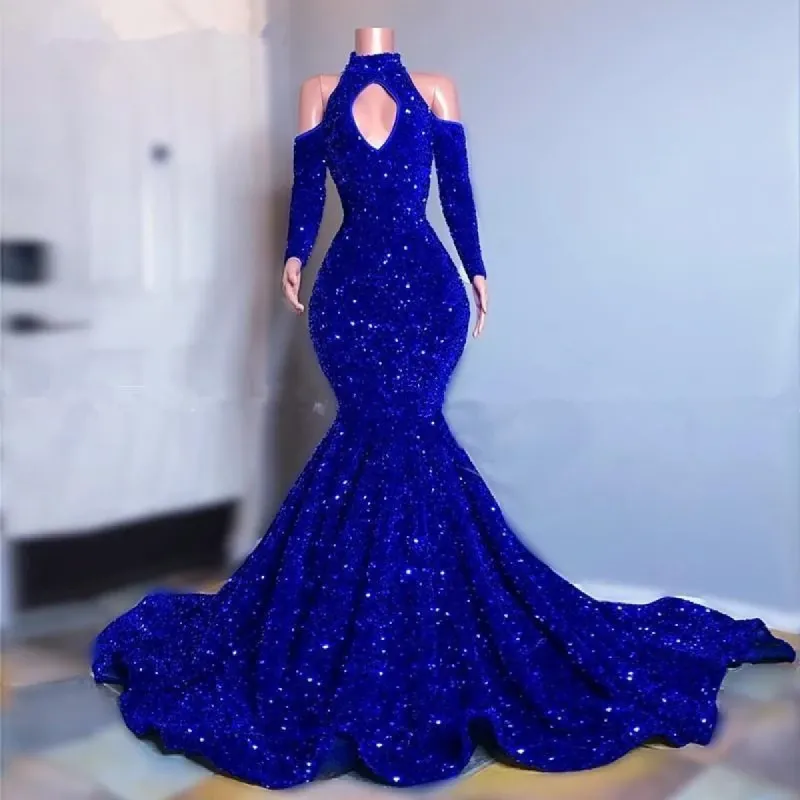 Gorgeous High Neck Long Sleeve Royal Blue Prom Dresses Sequins Party Dress sold by My Chic Dress