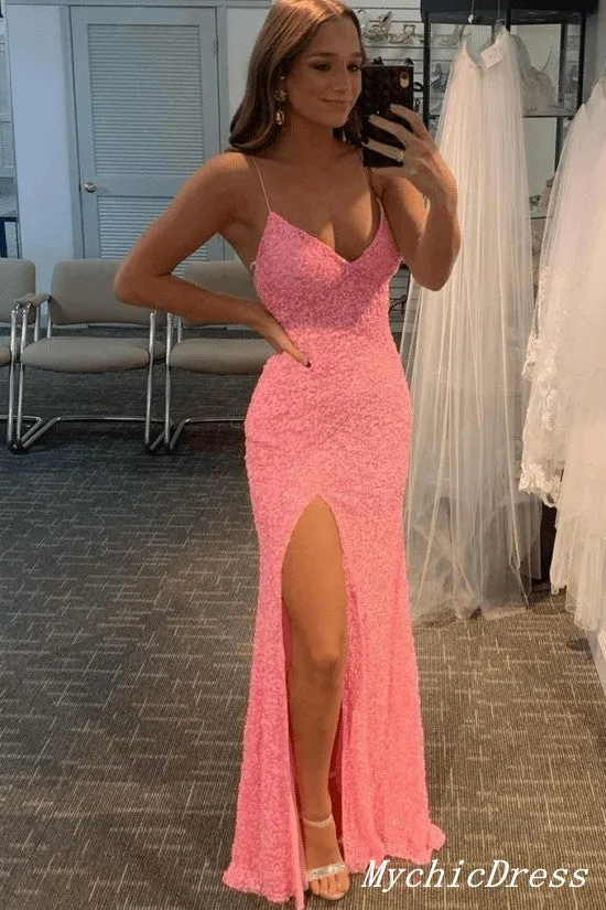 Cheap Mermaid Spaghetti Straps Glitter UK Prom Dresses Pink Sequin Evening Dresses sold by My Chic Dress