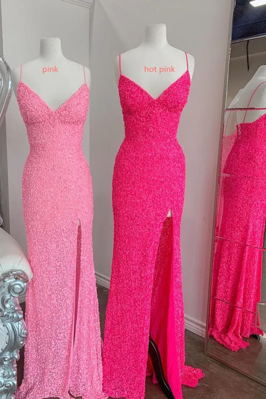 Cheap Mermaid Spaghetti Straps Glitter UK Prom Dresses Pink Sequin Evening Dresses sold by My Chic Dress product image thumbnail 4