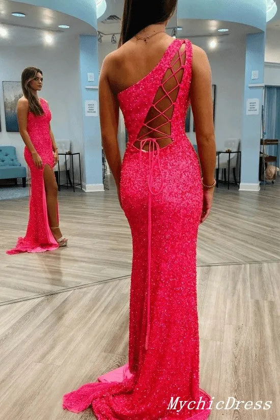 2025 Long Pink Prom Dresses Sequins One Shoulder Evening Gown with Split sold by My Chic Dress product image thumbnail 2