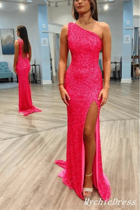 2025 Long Pink Prom Dresses Sequins One Shoulder Evening Gown with Split sold by My Chic Dress
