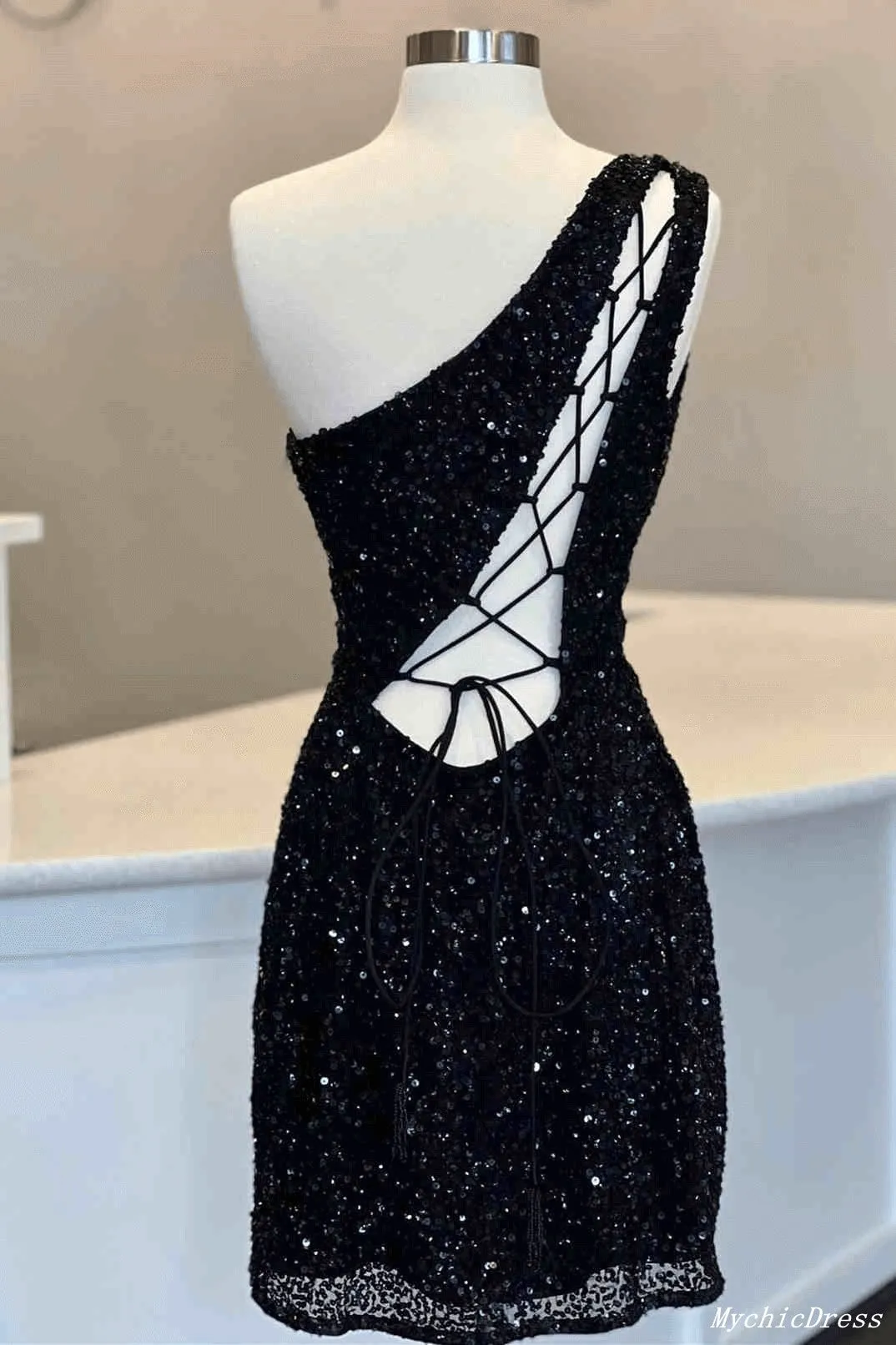 Hot One Shoulder Sparkly Homecoming Dress 2025 Sequin Tight Cocktail Dress sold by My Chic Dress product image thumbnail 3