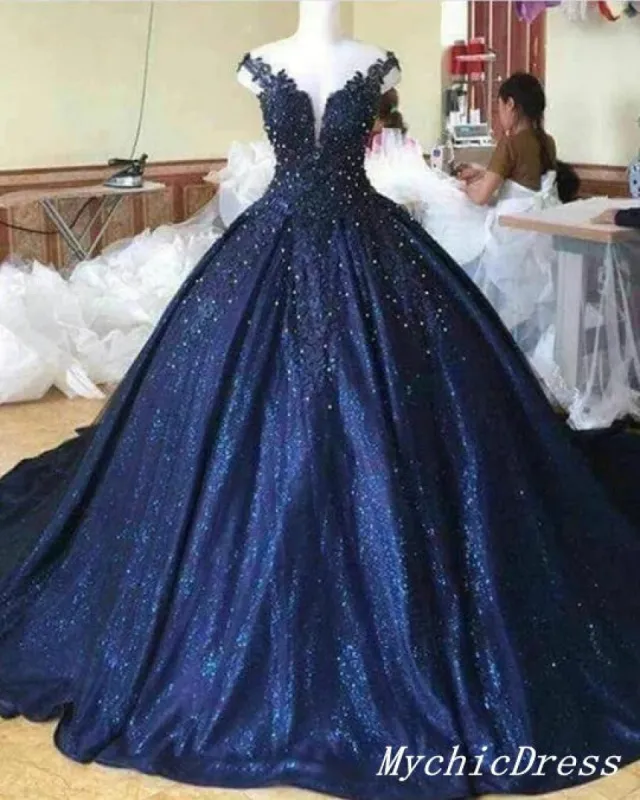 Off the Shoulder Navy Blue Sequin Quince Dresses Ball Gown Lace Sweet 16 dress sold by My Chic Dress