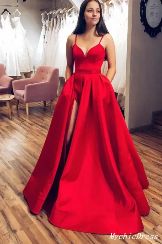 A Line Red Satin Prom Dresses 2025 Spaghetti Straps V Neck Long Evening Gown sold by My Chic Dress