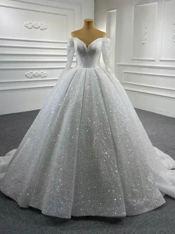 Gorgeous Off the Shoulder Sparkly Ball Gown Sequin Wedding Dresses with Sleeves sold by My Chic Dress