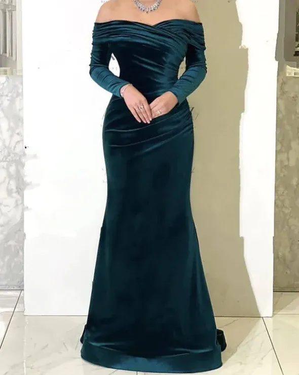 Long Green Velvet Prom Evening Dresses Mermaid Off Shoulder Formal Dress sold by My Chic Dress