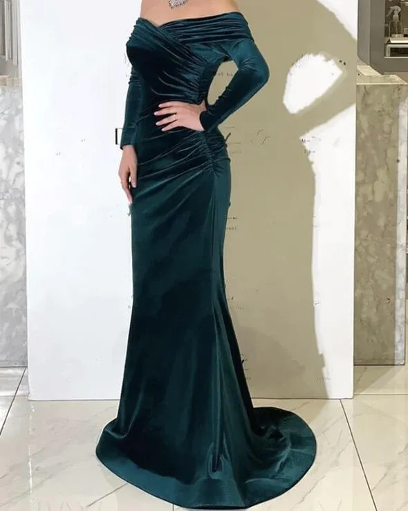 Long Green Velvet Prom Evening Dresses Mermaid Off Shoulder Formal Dress sold by My Chic Dress product image thumbnail 2