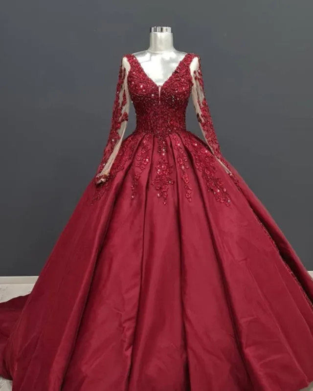 Long Sleeves Burgundy Satin Quince Dresses Plus Size Lace Appliques Bridal Gown sold by My Chic Dress