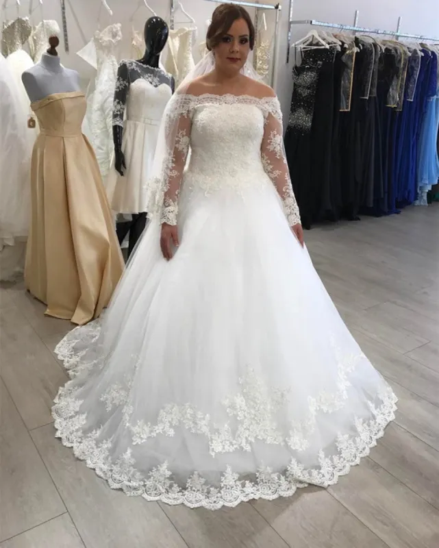 Vintage Off The Shoulder Lace Plus Size Wedding Dresses Long Sleeves sold by My Chic Dress