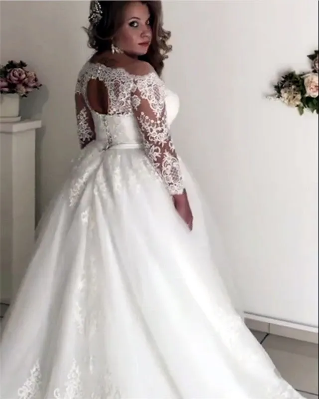 A line Lace Long Sleeves Plus Size Wedding Dresses Illusion Tulle Bridal Gown sold by My Chic Dress product image thumbnail 3