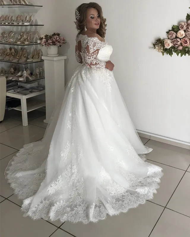 A line Lace Long Sleeves Plus Size Wedding Dresses Illusion Tulle Bridal Gown sold by My Chic Dress product image thumbnail 2