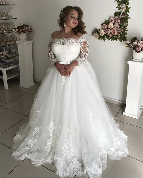 A line Lace Long Sleeves Plus Size Wedding Dresses Illusion Tulle Bridal Gown sold by My Chic Dress