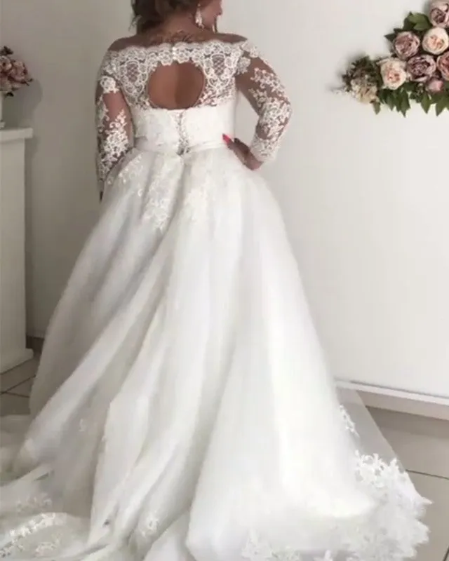 A line Lace Long Sleeves Plus Size Wedding Dresses Illusion Tulle Bridal Gown sold by My Chic Dress product image thumbnail 4