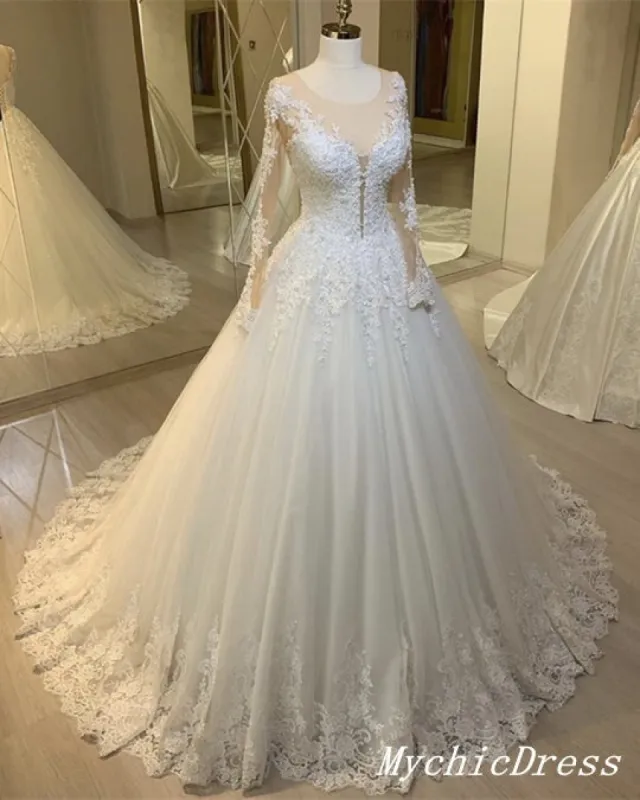 Elegant Modest Lace Long Sleeves Wedding Dresses Ball Gown Winter Bridal Dress sold by My Chic Dress