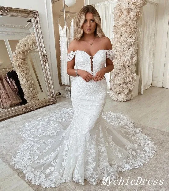 Vintage Lace White Wedding Dresses Embroidery Off the Shoulder Bridal Gown sold by My Chic Dress