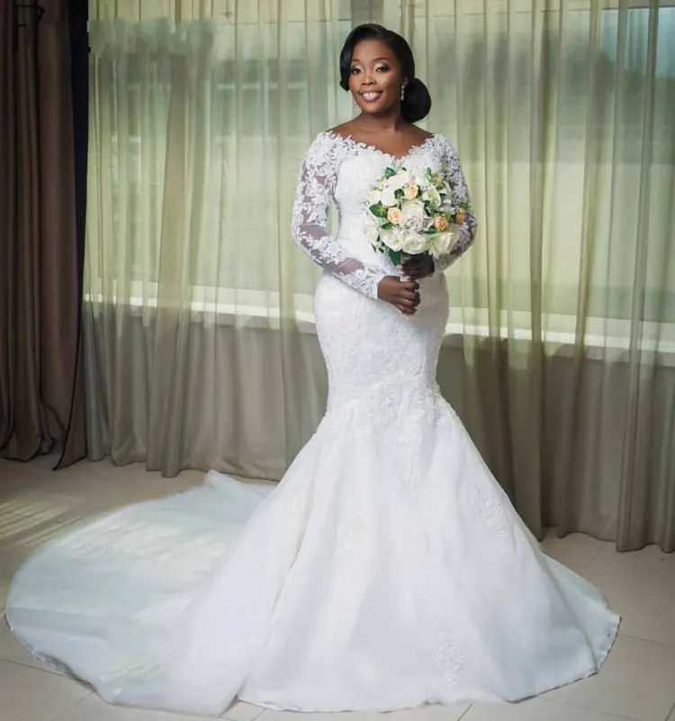 Hot Long Sleeves Lace White Wedding Dresses V Neck Mermaid Bridal Gown sold by My Chic Dress