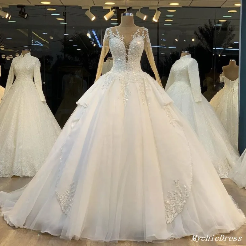 Long Sleeves Lace Applique Vintage Wedding Dresses Ball Gown Bridal Dress sold by My Chic Dress