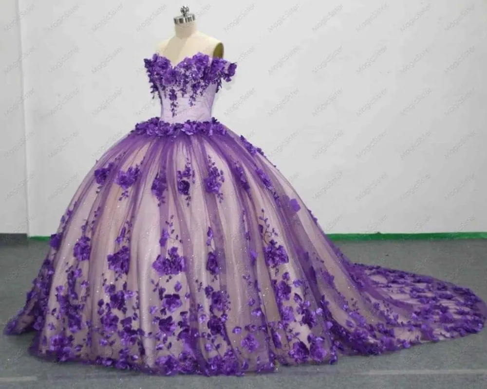 Princess Purple 3D Flower Quinceanera Dress Off The Shoulder Ball Gowns sold by My Chic Dress