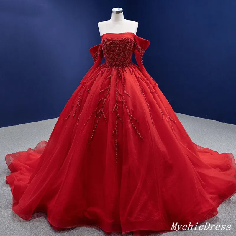 Crystal Long Sleeve Red Quince Dresses Off Shoulder Pearls Wedding Dress sold by My Chic Dress
