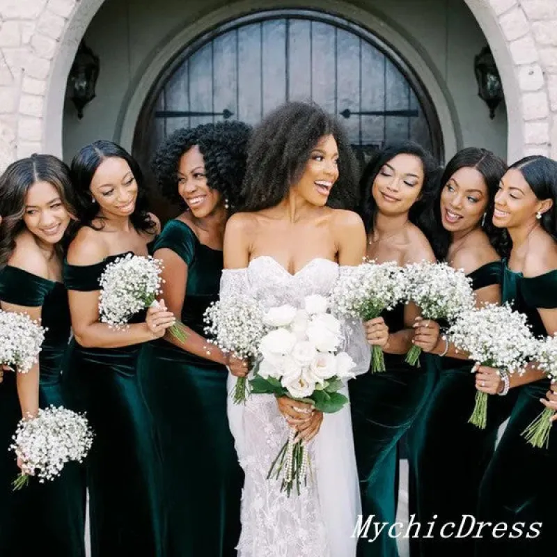 Cheap Long Bridesmaid Dresses Emerald Green Mermaid Off Shoulder Wedding Guest Dress sold by My Chic Dress
