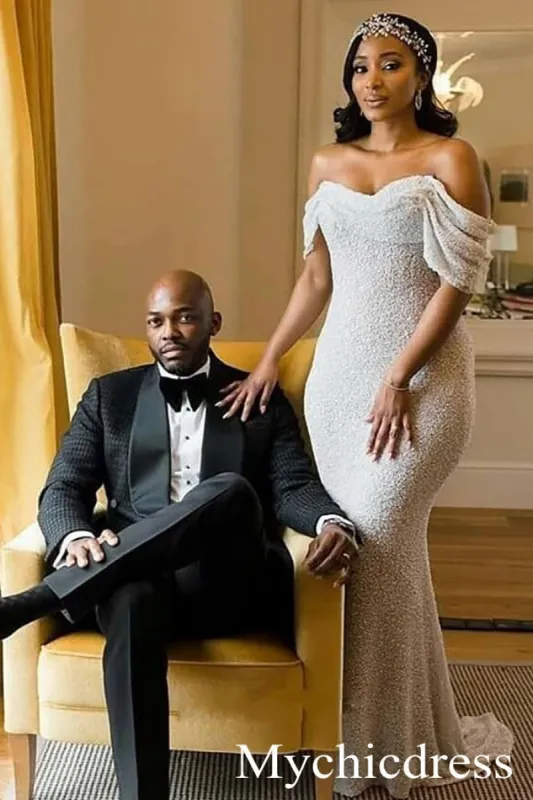 Hot Sexy Glitter Sequin Off the Shoulder Mermaid Bridal Wedding Dresses sold by My Chic Dress