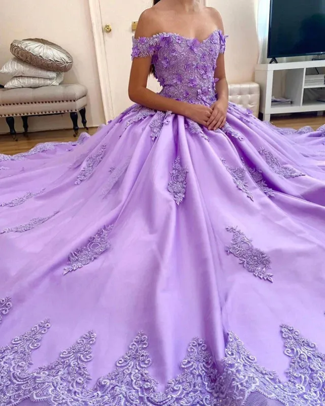 Off Shoulder Lace Lavender Quinceanera Dresses Appliques Flowers Sweet 16 Dresses sold by My Chic Dress