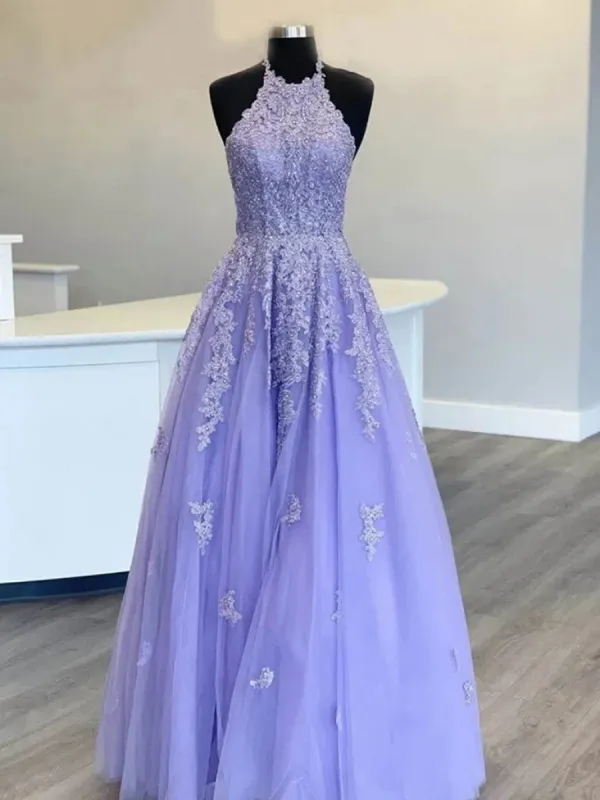 Hot Halter Purple Prom Dresses Lace Long Graduation Evening Dresses sold by My Chic Dress