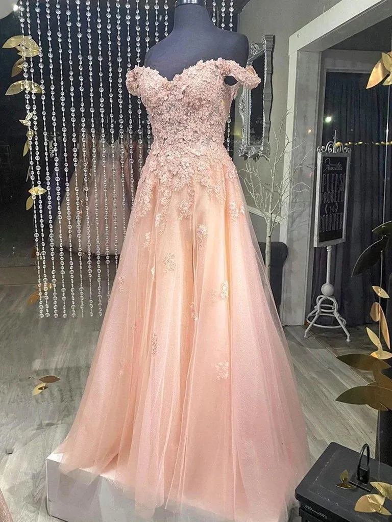 Cheap Pink Lace Prom Dresses Off Shoulder Tulle Long Evening Dresses sold by My Chic Dress product image thumbnail 2
