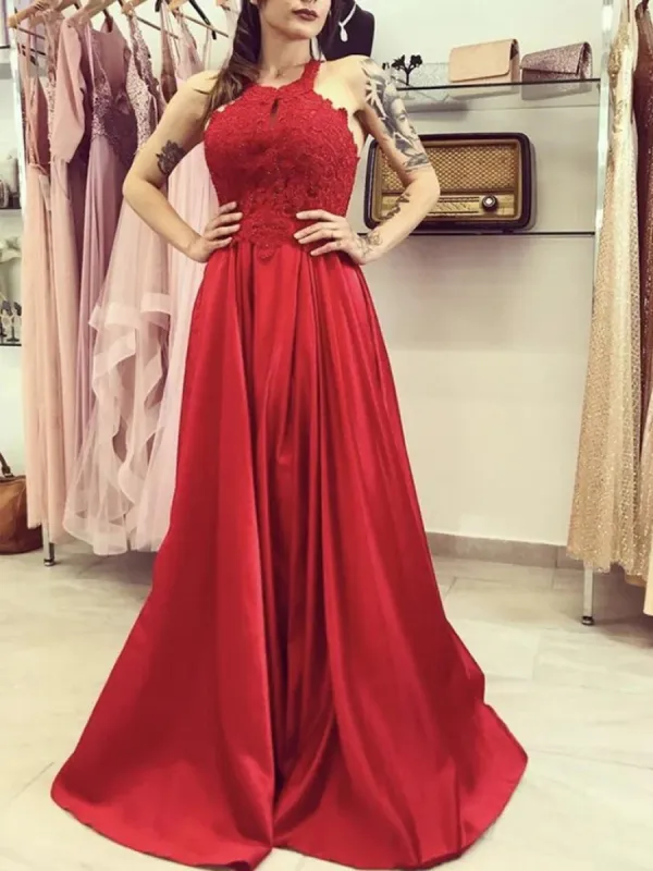 A-Line Lace Long Red Prom Dresses Sheath Halter Formal Graduation Dresses sold by My Chic Dress