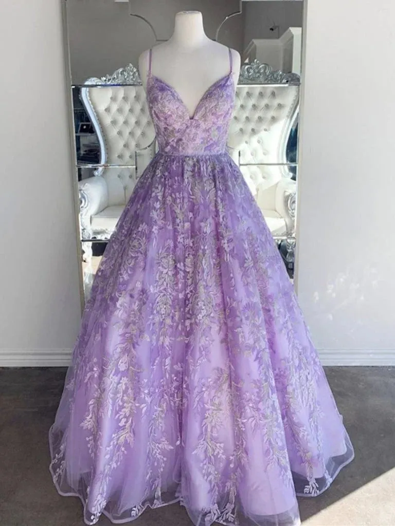Gorgeous Purple Lace Lilac Prom Dresses V Neck Backless Long Evening Dresses sold by My Chic Dress
